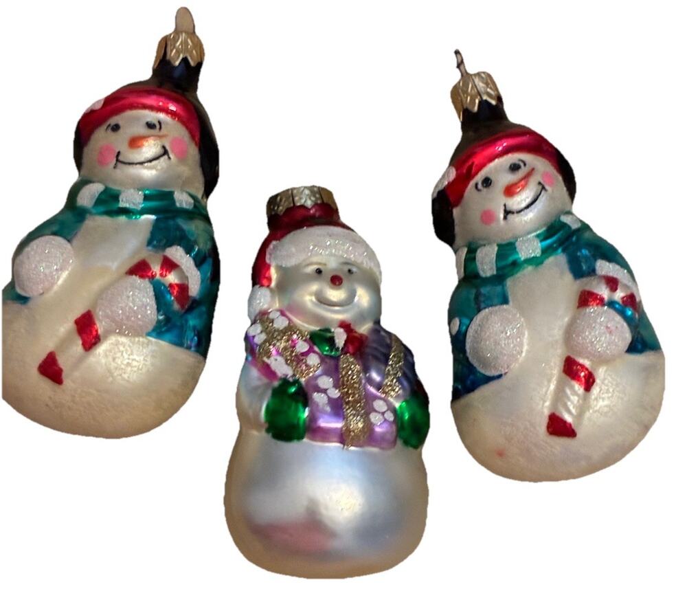 3 Vtg Hand Blown Glass Snowman Ornaments Colorful Christmas Holiday Candy Canes